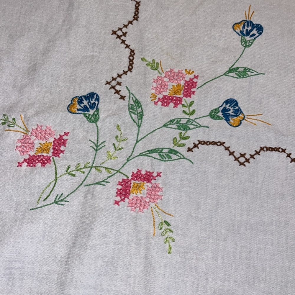 Vintage Floral Embroidered  cross stitch Tablecloth with rounded curved edges